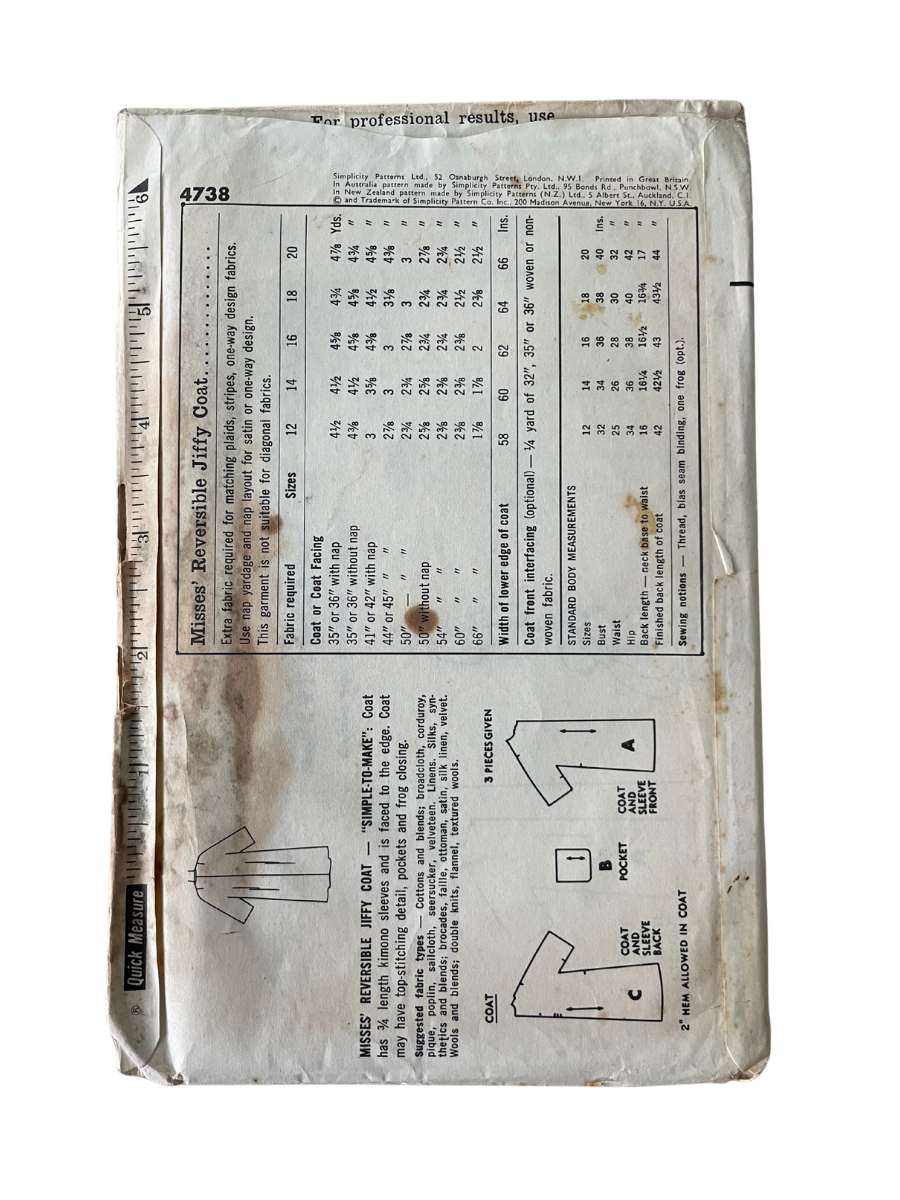 Simplicity 4738 Womens Size 16-18 Coat FF