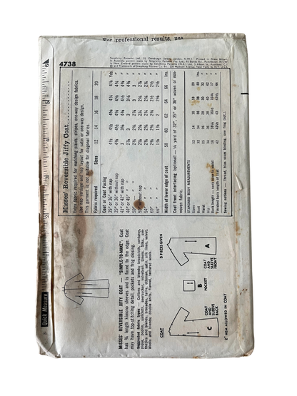 Simplicity 4738 Womens Size 16-18 Coat FF