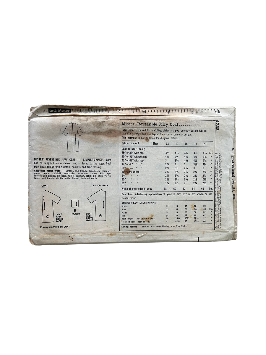 Simplicity 4738 Womens Size 16-18 Coat FF