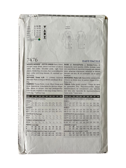 Vogue 7476 Womens Size 12-16 Petite Dress FF