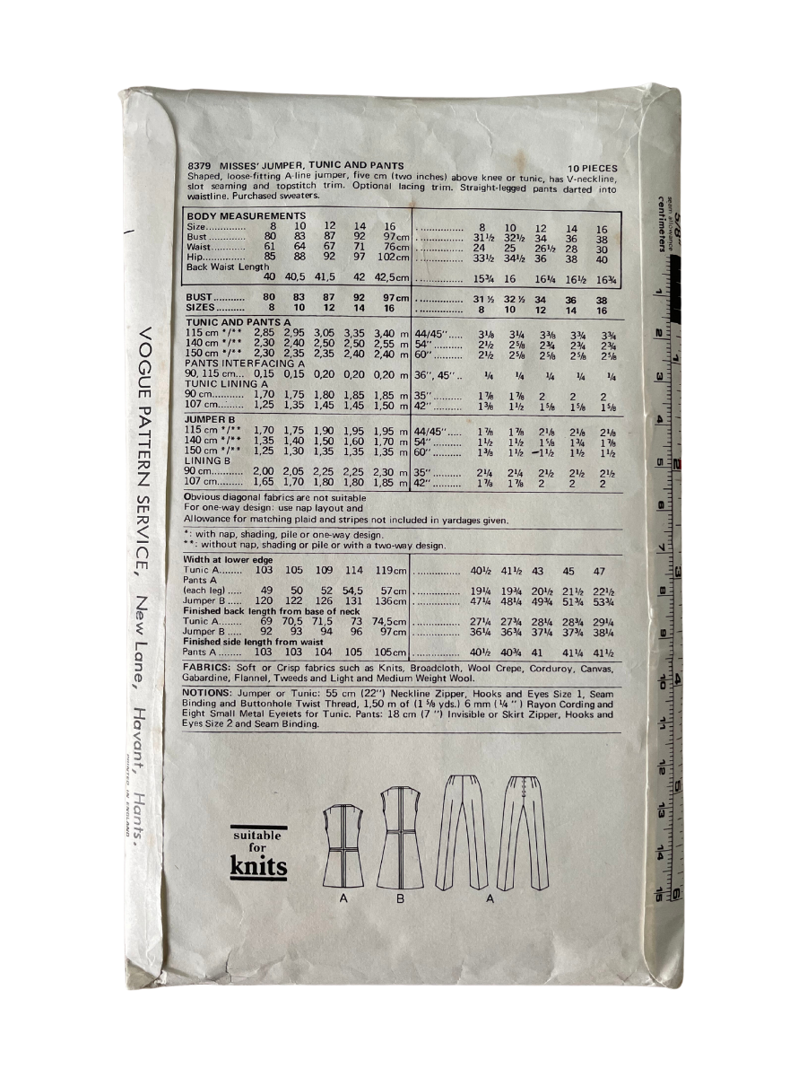 Vogue 8379 Womens Size 12 Tunic Dress Trousers