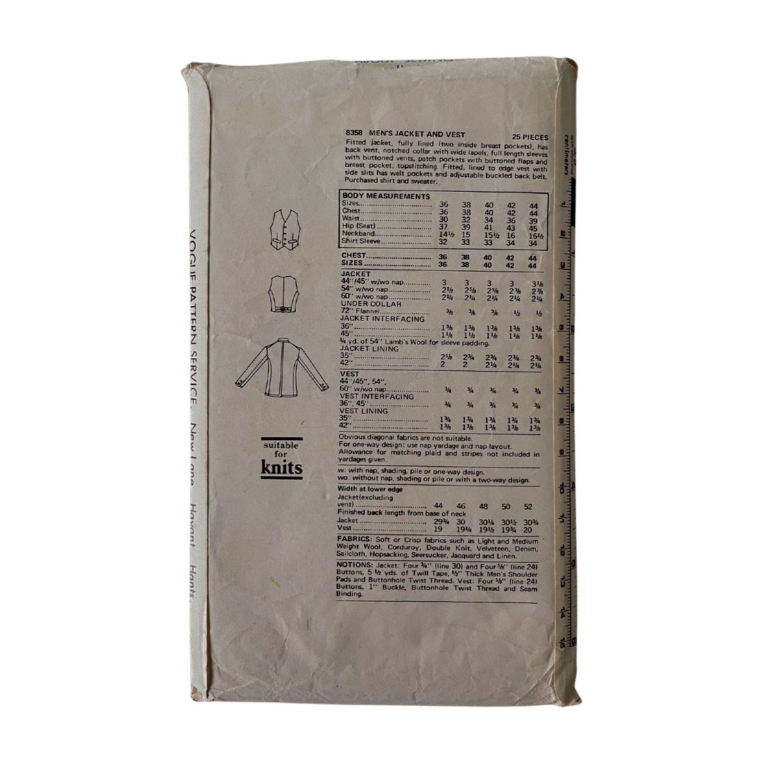 Vogue 8358 Mens Chest 42” Jacket Waistcoat