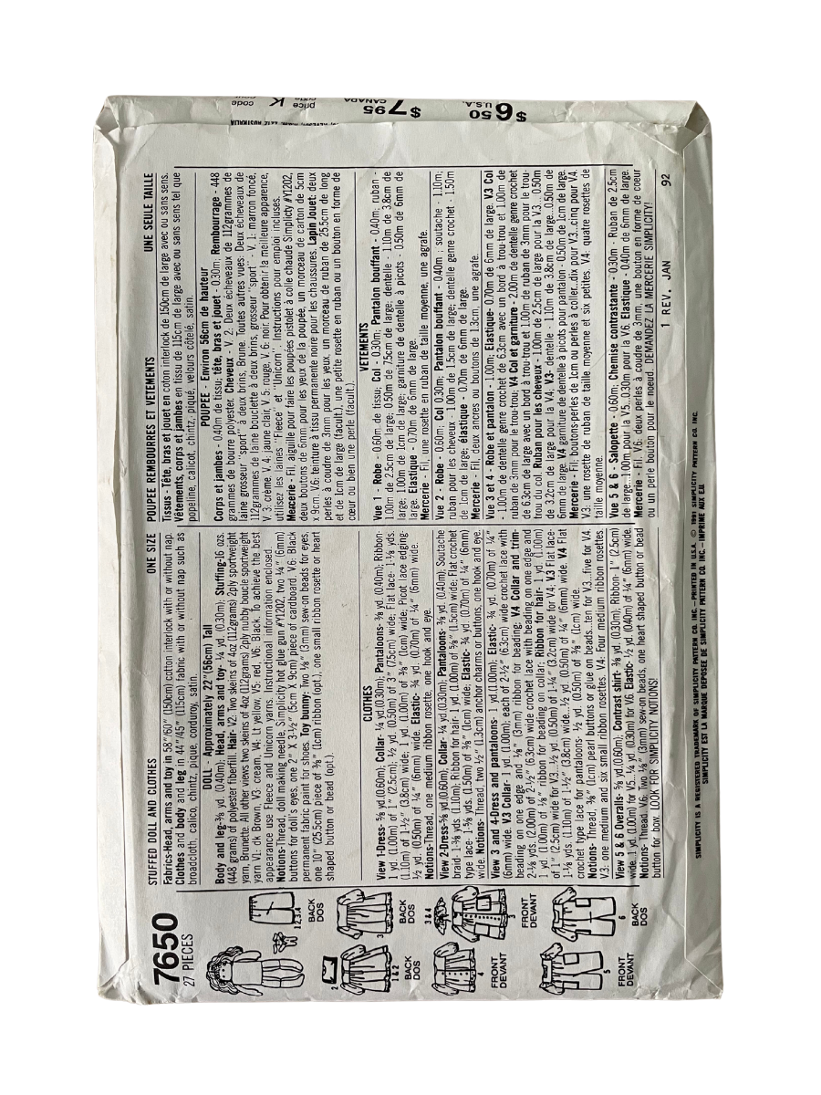 Simplicity 7650 Soft Toy Doll and Clothes FF