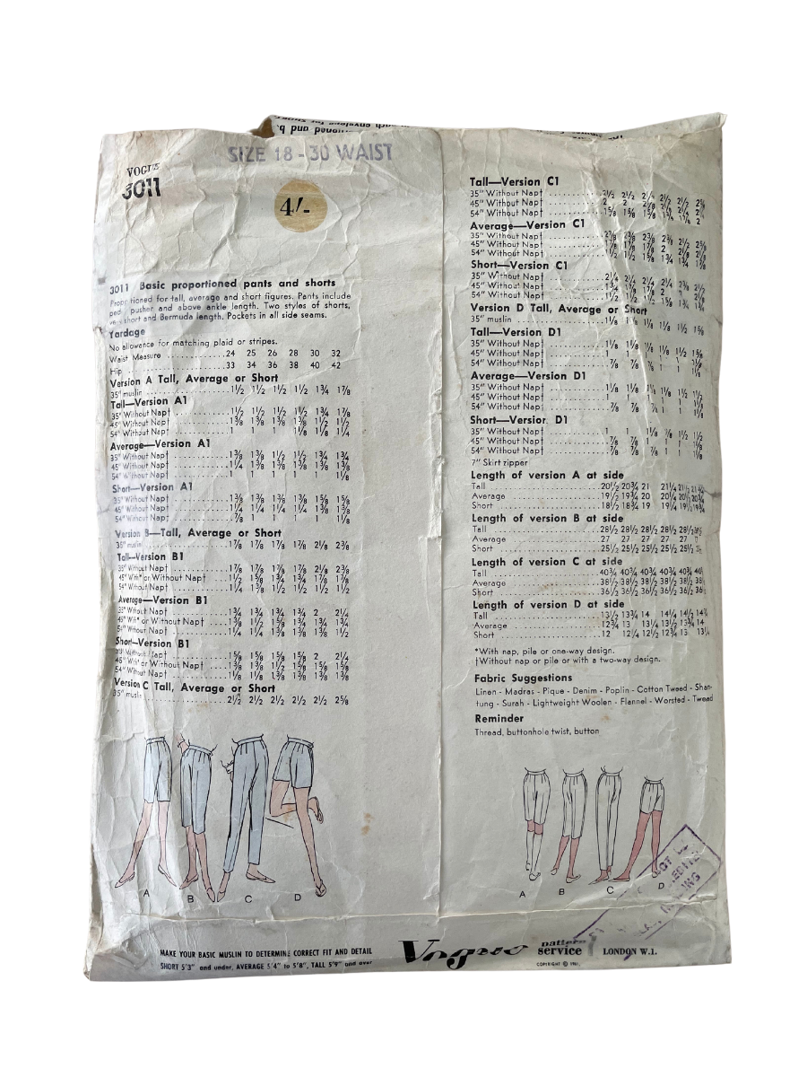 Vogue 3011 Womens Size 12 UK Shorts Trousers