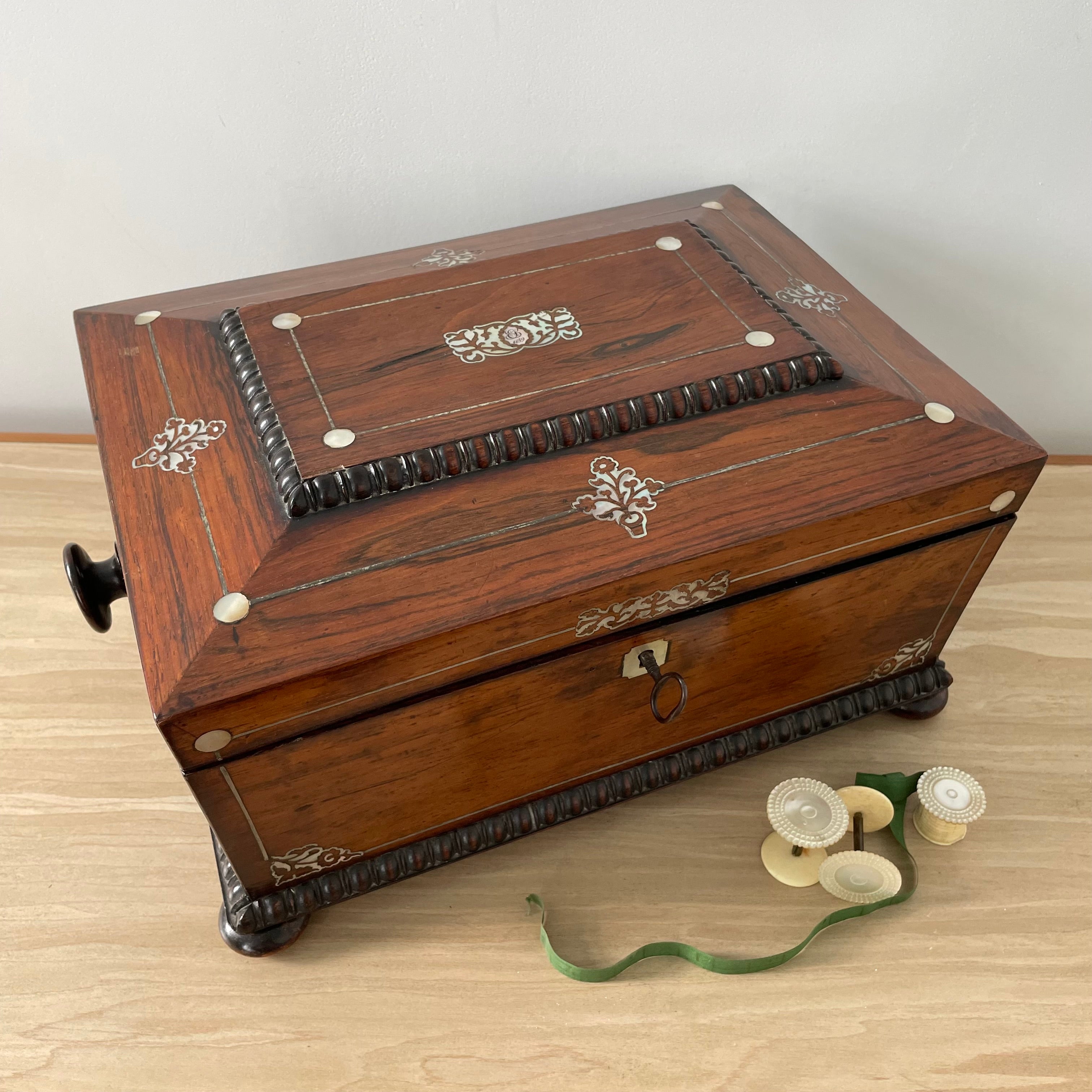 Antique Rosewood Sewing Box – Dated 1839 with Original Tools &amp; Provenance