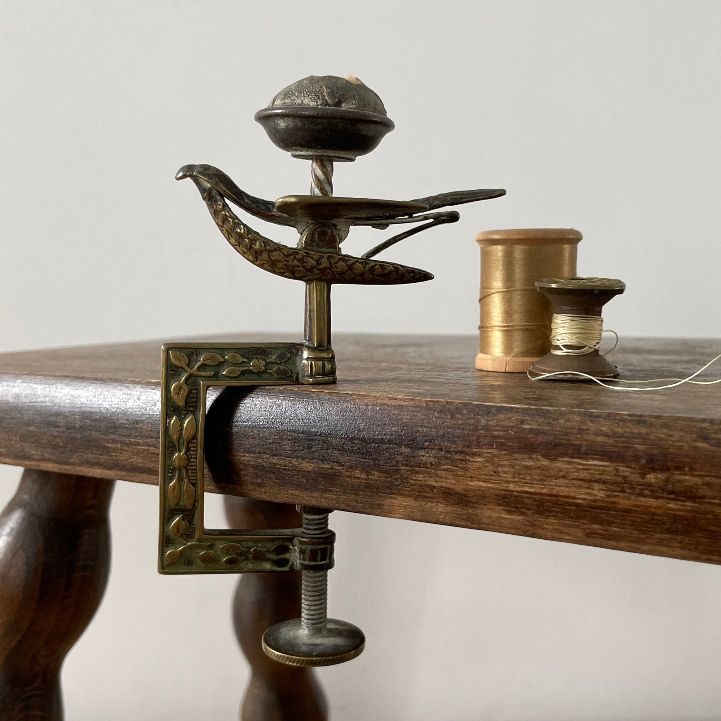 Victorian Cast Brass Sewing Bird Clamp – c.1860 Ornate Pincushion Clamp