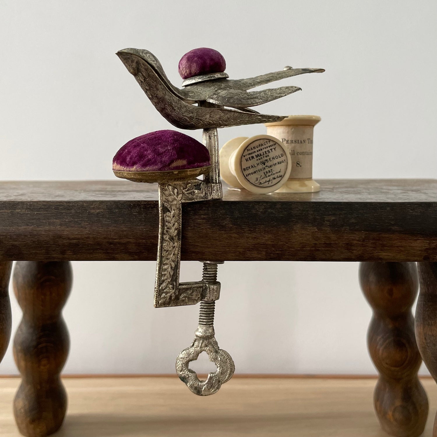 Antique Early 19th Century Bird Sewing Clamp with Pin Cushion