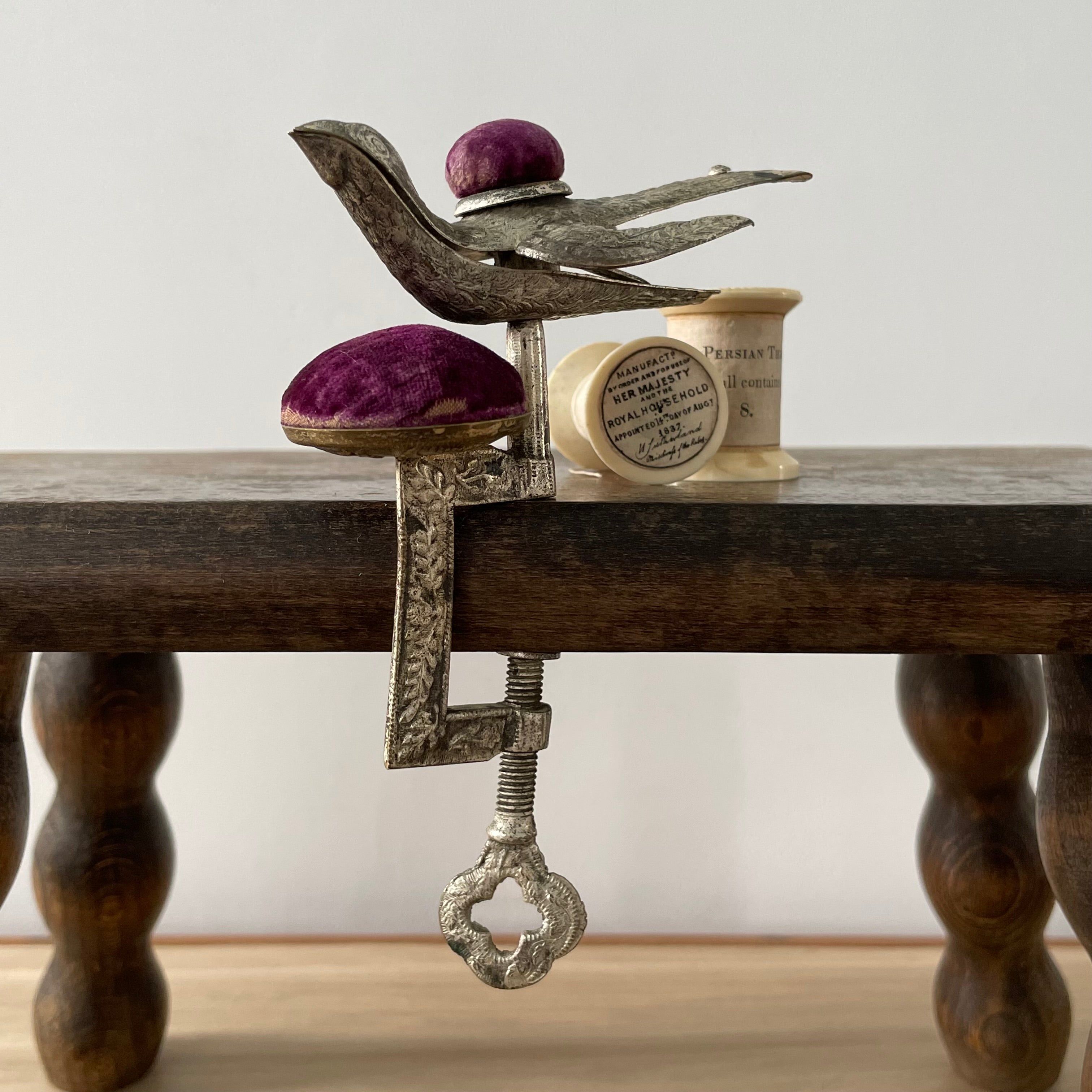 Antique Early 19th Century Bird Sewing Clamp with Pin Cushion