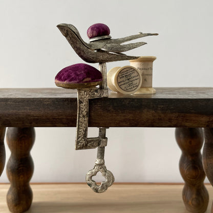 Antique Early 19th Century Bird Sewing Clamp with Pin Cushion