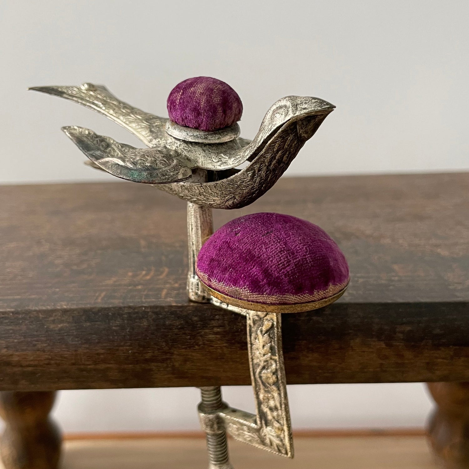 Antique Early 19th Century Bird Sewing Clamp with Pin Cushion