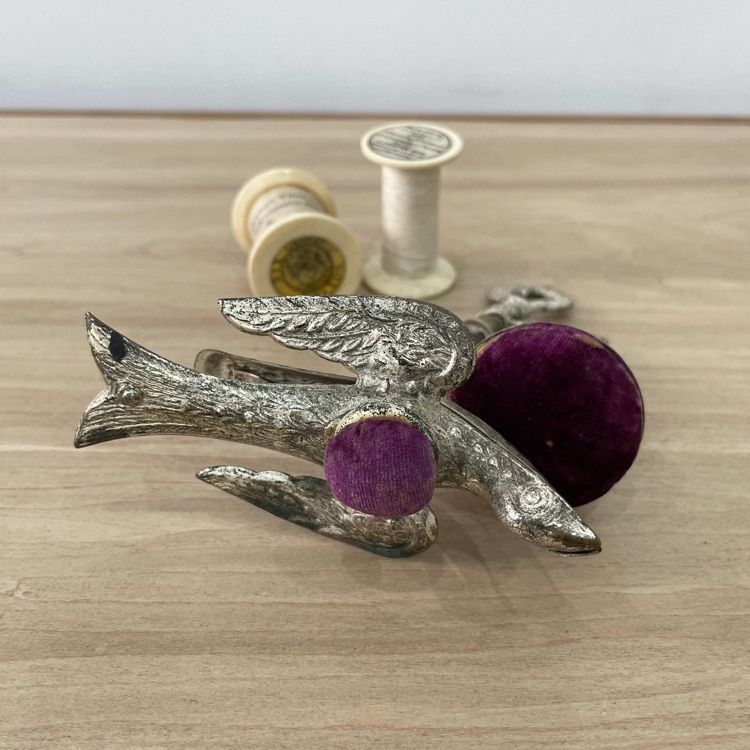 Antique Early 19th Century Bird Sewing Clamp with Pin Cushion