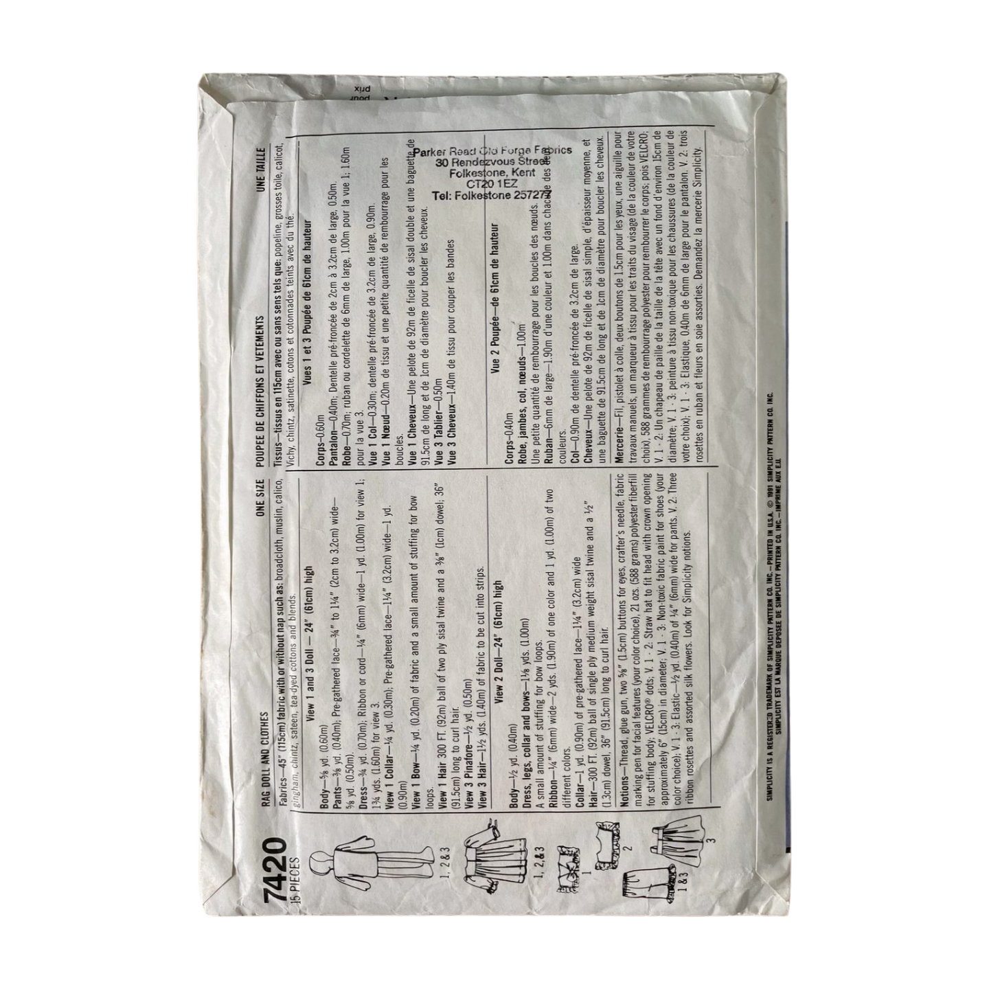 Simplicity 7420 One Size Rag Doll and Outfits