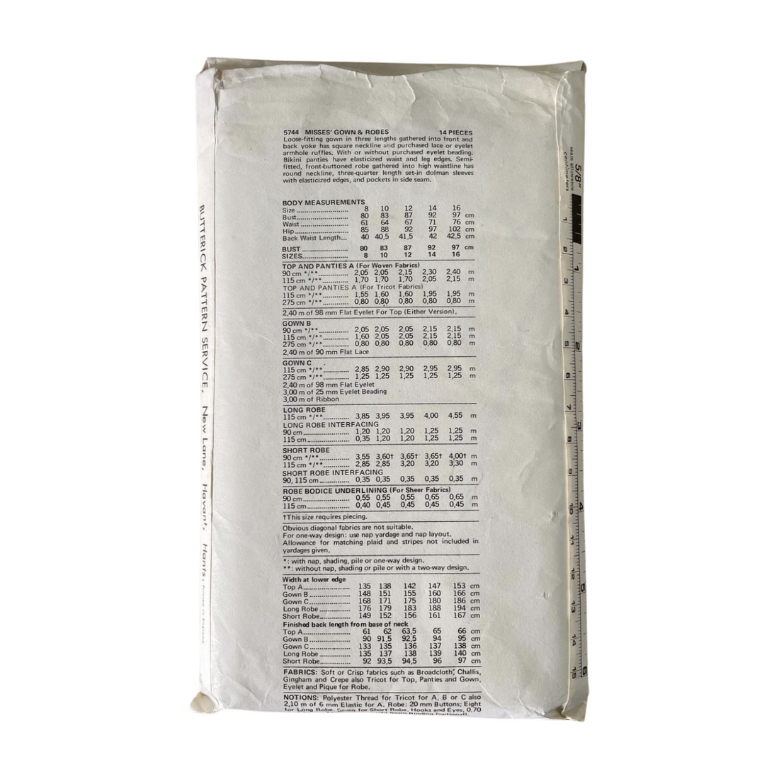 Butterick 5744 Womens Size 12 Nightdress Nightwear Dressing Gown