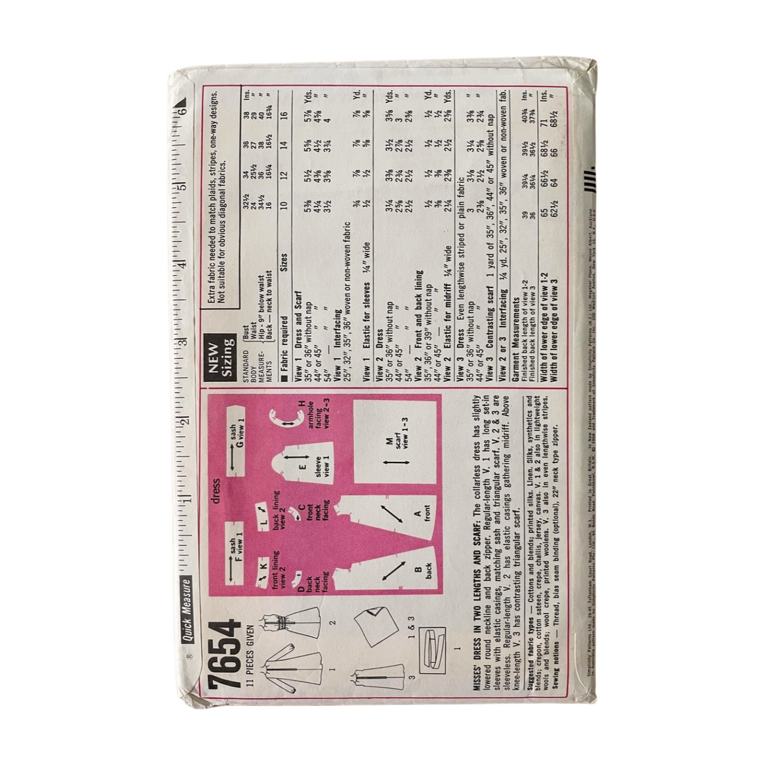 Simplicity 7654 Womens Size 12 Bust 36” Dress Scarf FF