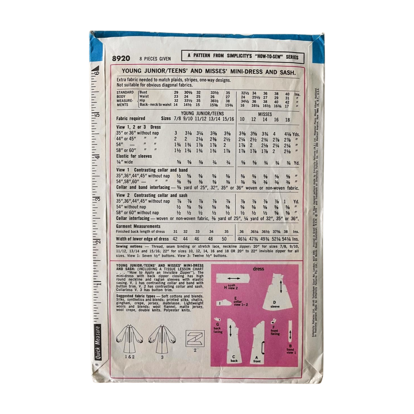Simplicity 8920 Teen Size 6 Bust 32” Dress