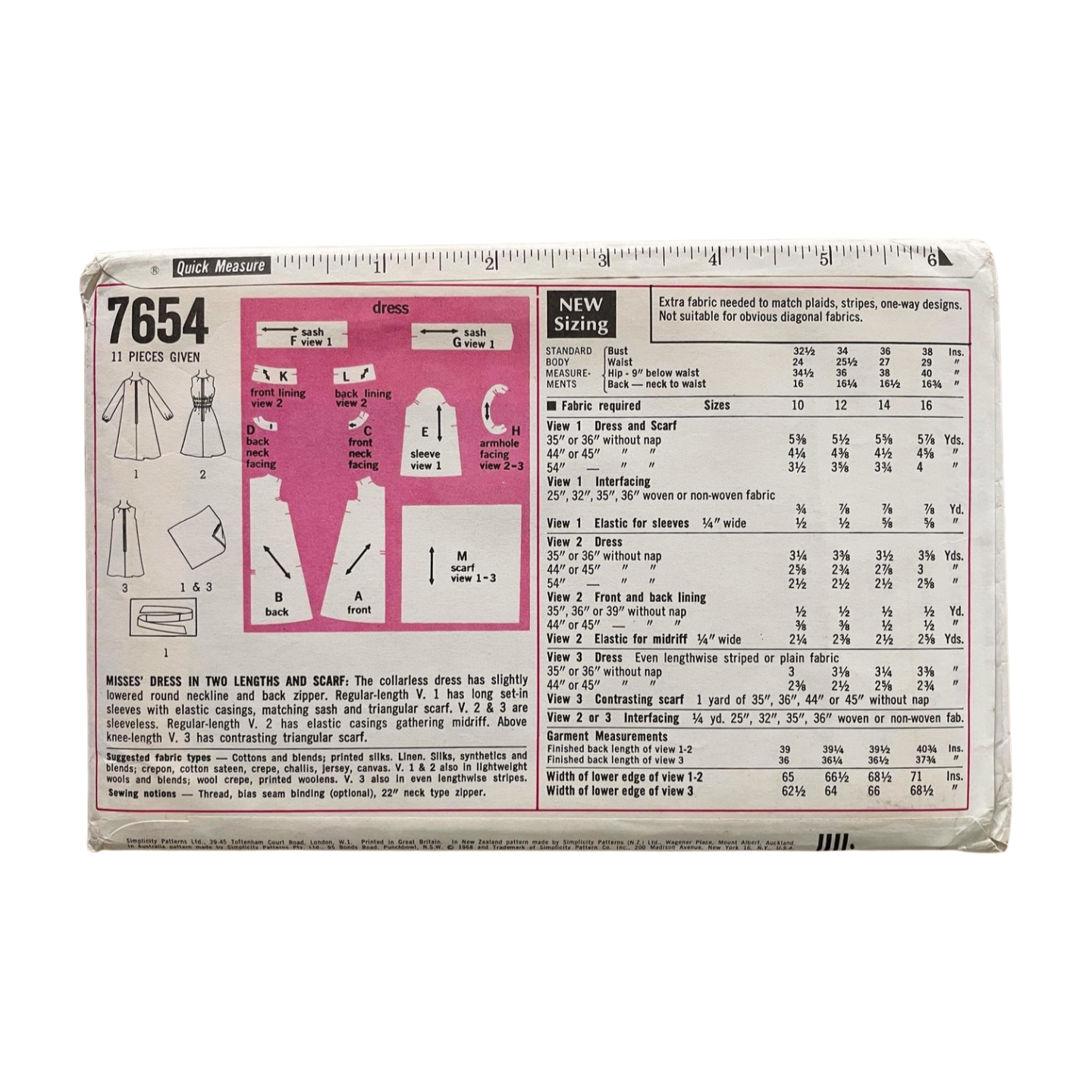 Simplicity 7654 Womens Size 12 Bust 36” Dress Scarf FF