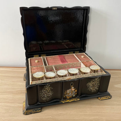 Antique Papier Mâché Sewing Box with Mother-of-Pearl Reels (c.1840)