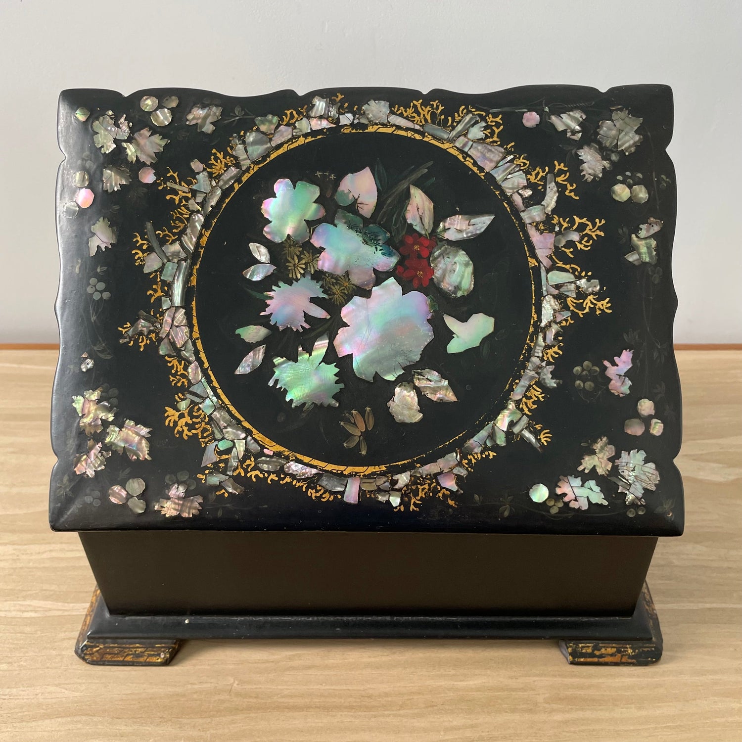 Antique Papier Mâché Sewing Box with Mother-of-Pearl Reels (c.1840)