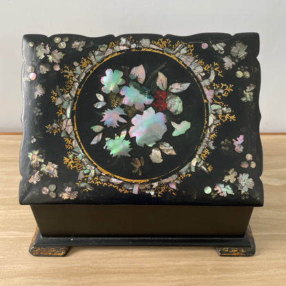 Antique Papier Mâché Sewing Box with Mother-of-Pearl Reels (c.1840)