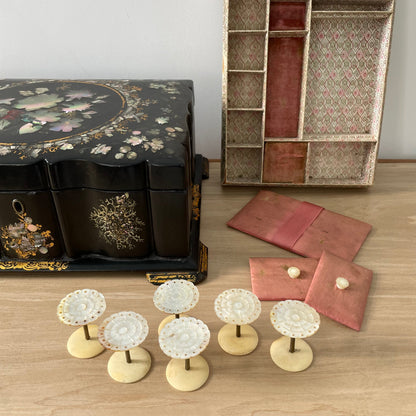 Antique Papier Mâché Sewing Box with Mother-of-Pearl Reels (c.1840)