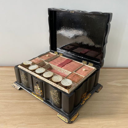 Antique Papier Mâché Sewing Box with Mother-of-Pearl Reels (c.1840)