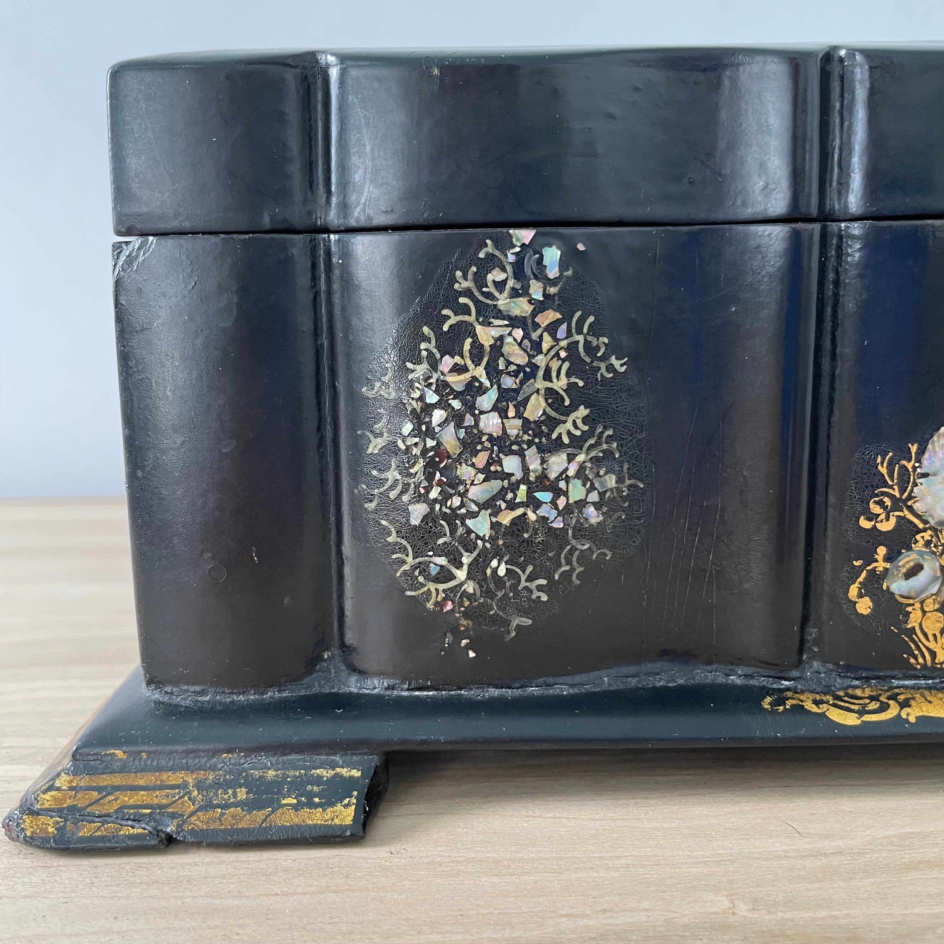 Antique Papier Mâché Sewing Box with Mother-of-Pearl Reels (c.1840)