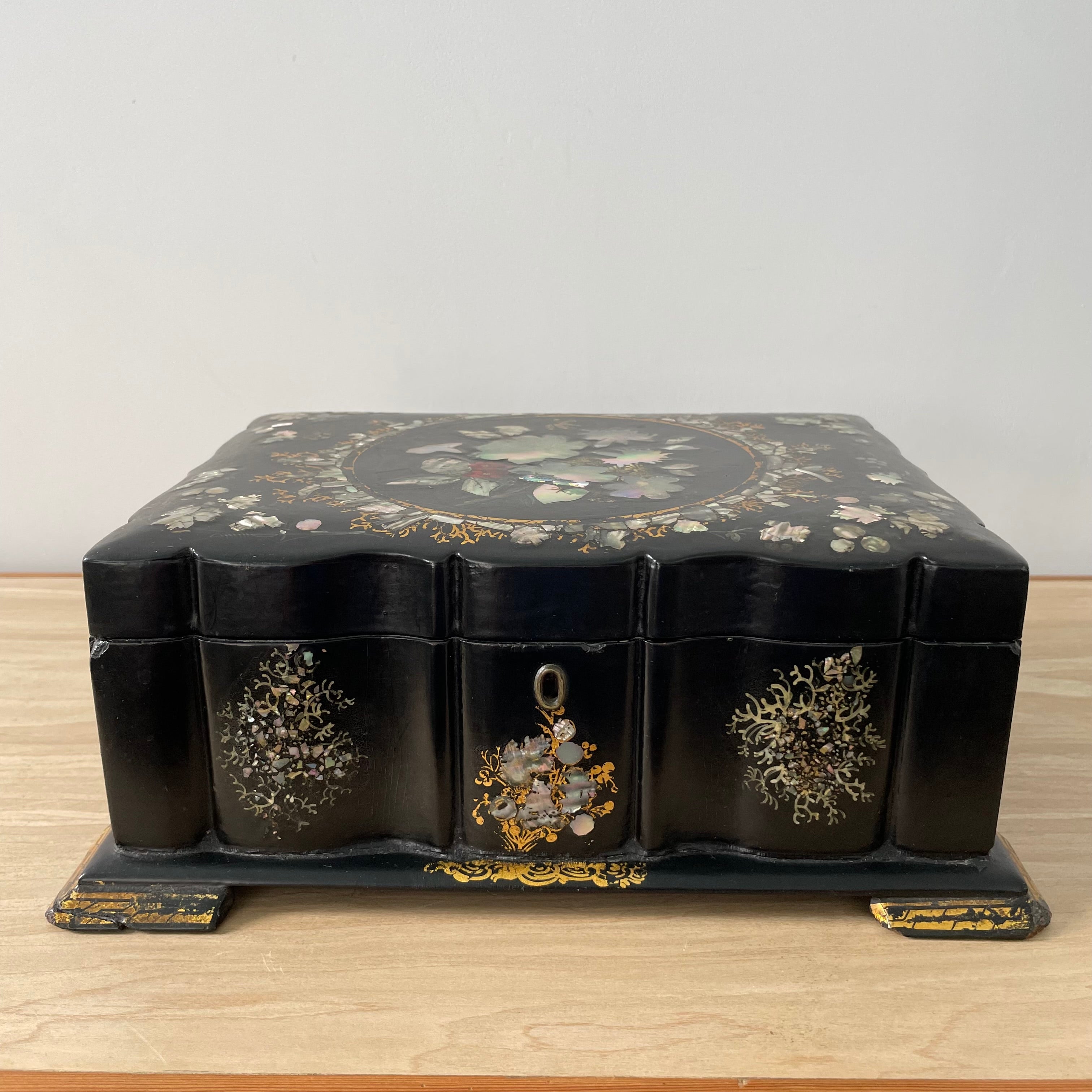 Antique Papier Mâché Sewing Box with Mother-of-Pearl Reels (c.1840)