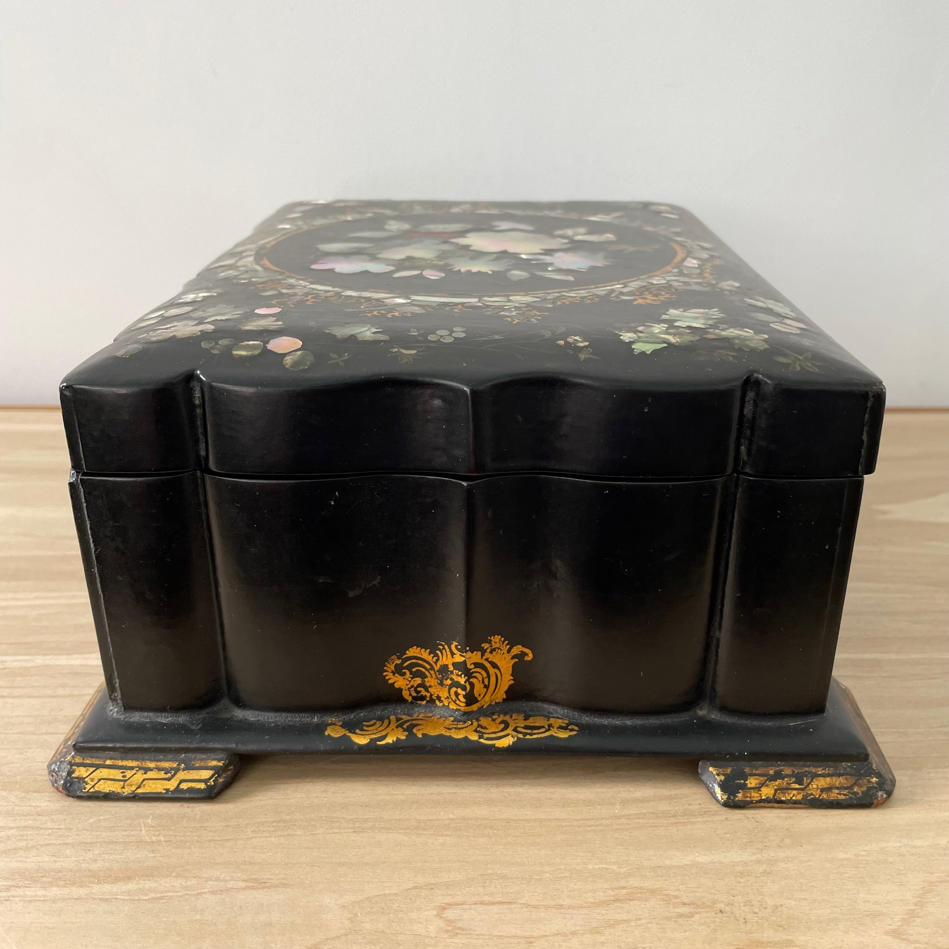 Antique Papier Mâché Sewing Box with Mother-of-Pearl Reels (c.1840)