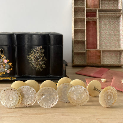 Antique Papier Mâché Sewing Box with Mother-of-Pearl Reels (c.1840)