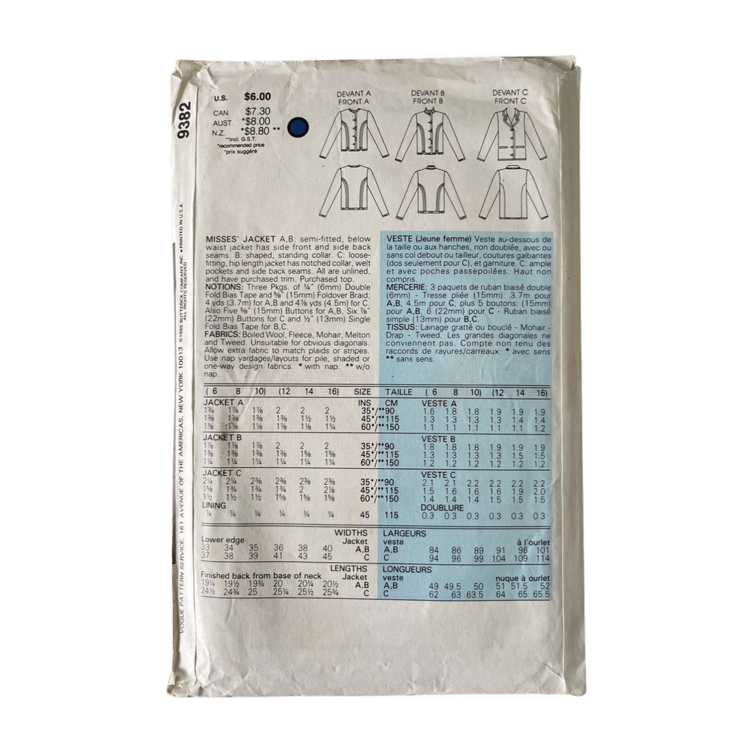 Vogue 9382 Womens Size 10-14 Jacket