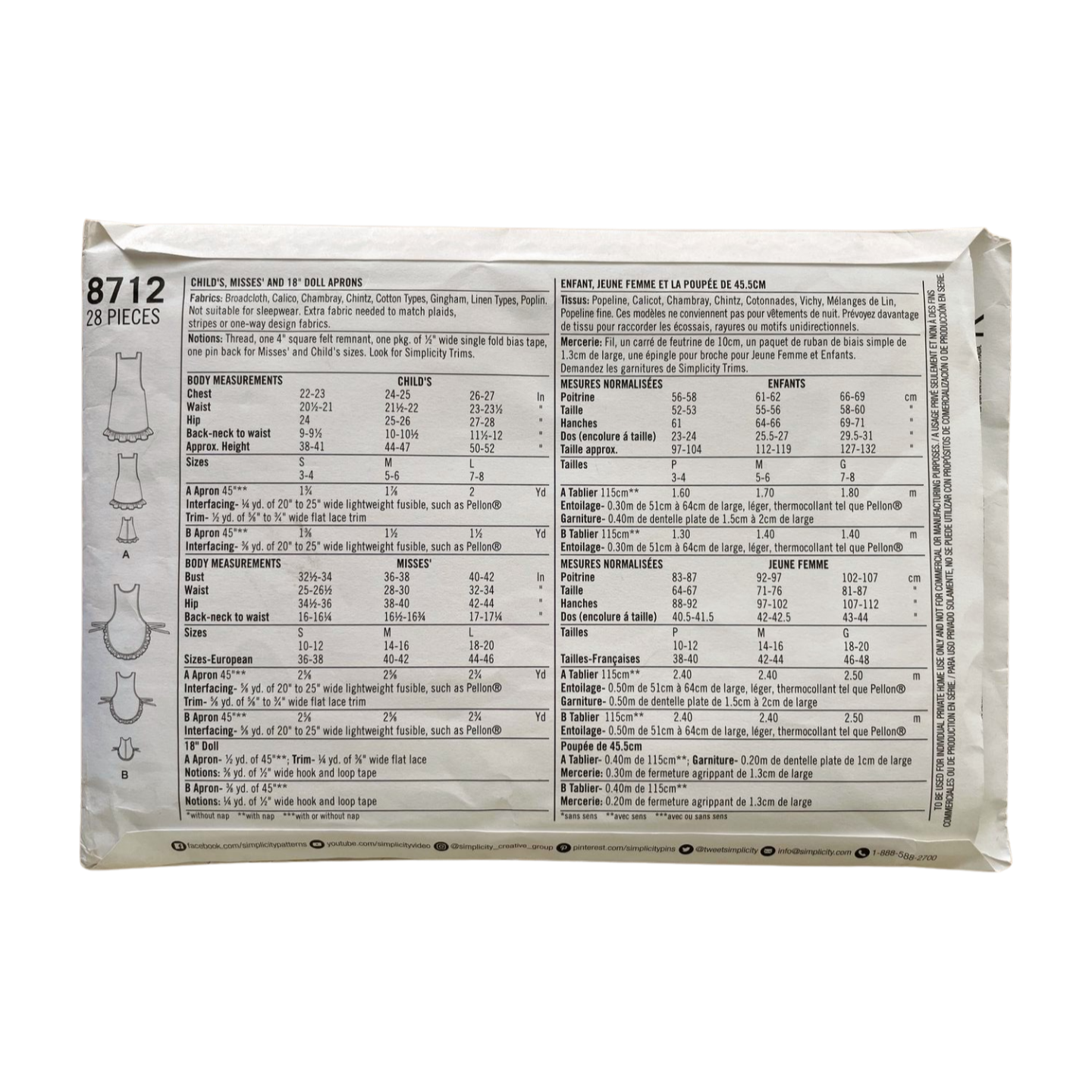 Simplicity 8712 Womens Size S-L Apron FF