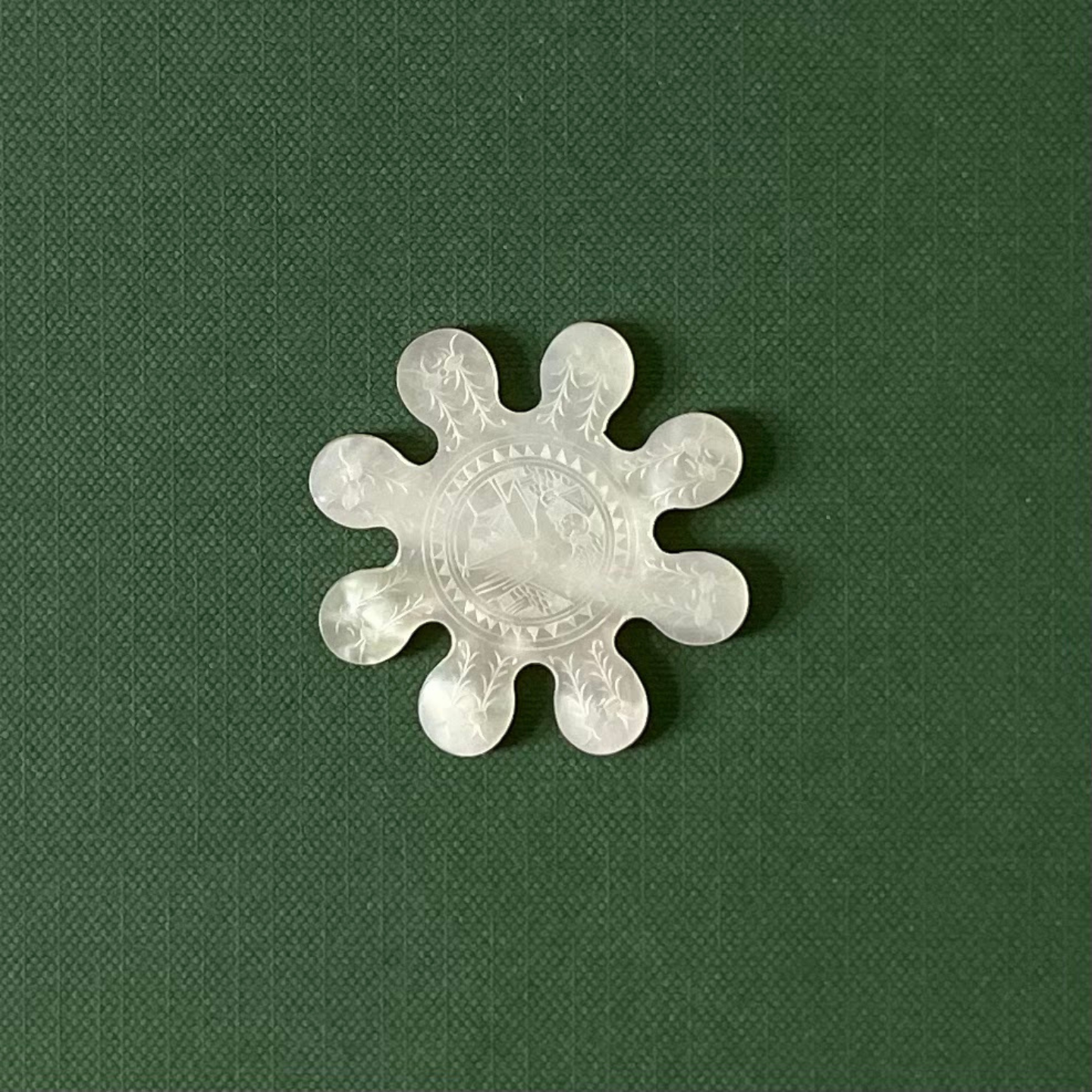 Victorian Mother of Pearl Thread Winder – Engraved Rosette with Central Motif c.1850