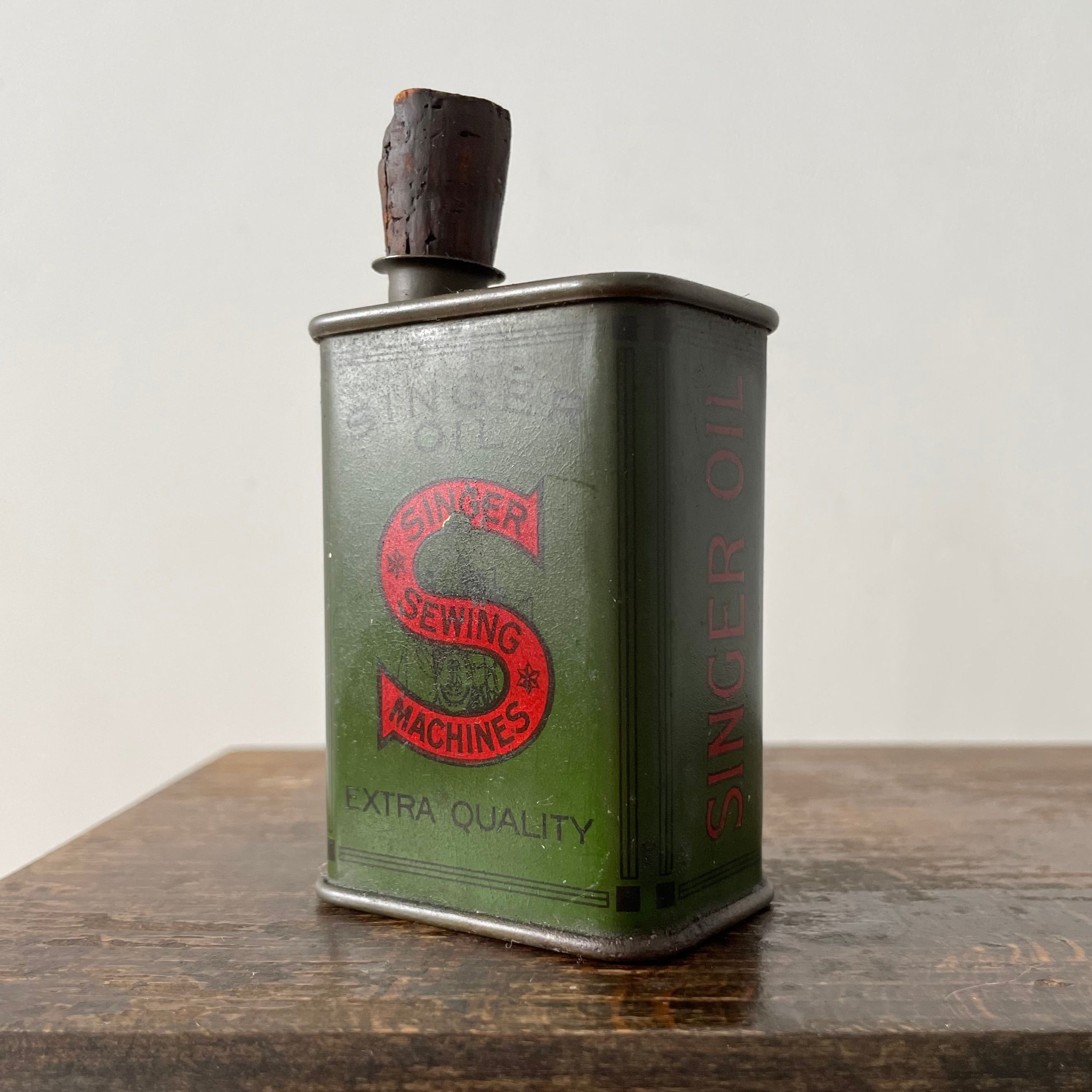 Rare Early Singer Sewing Machine Oil Can – Square Metal with Cork Stopper – c.1920s–30s