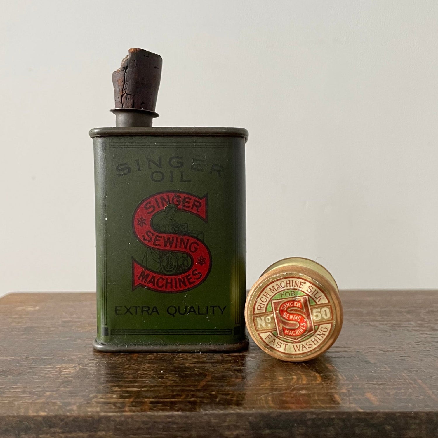 Rare Early Singer Sewing Machine Oil Can – Square Metal with Cork Stopper – c.1920s–30s