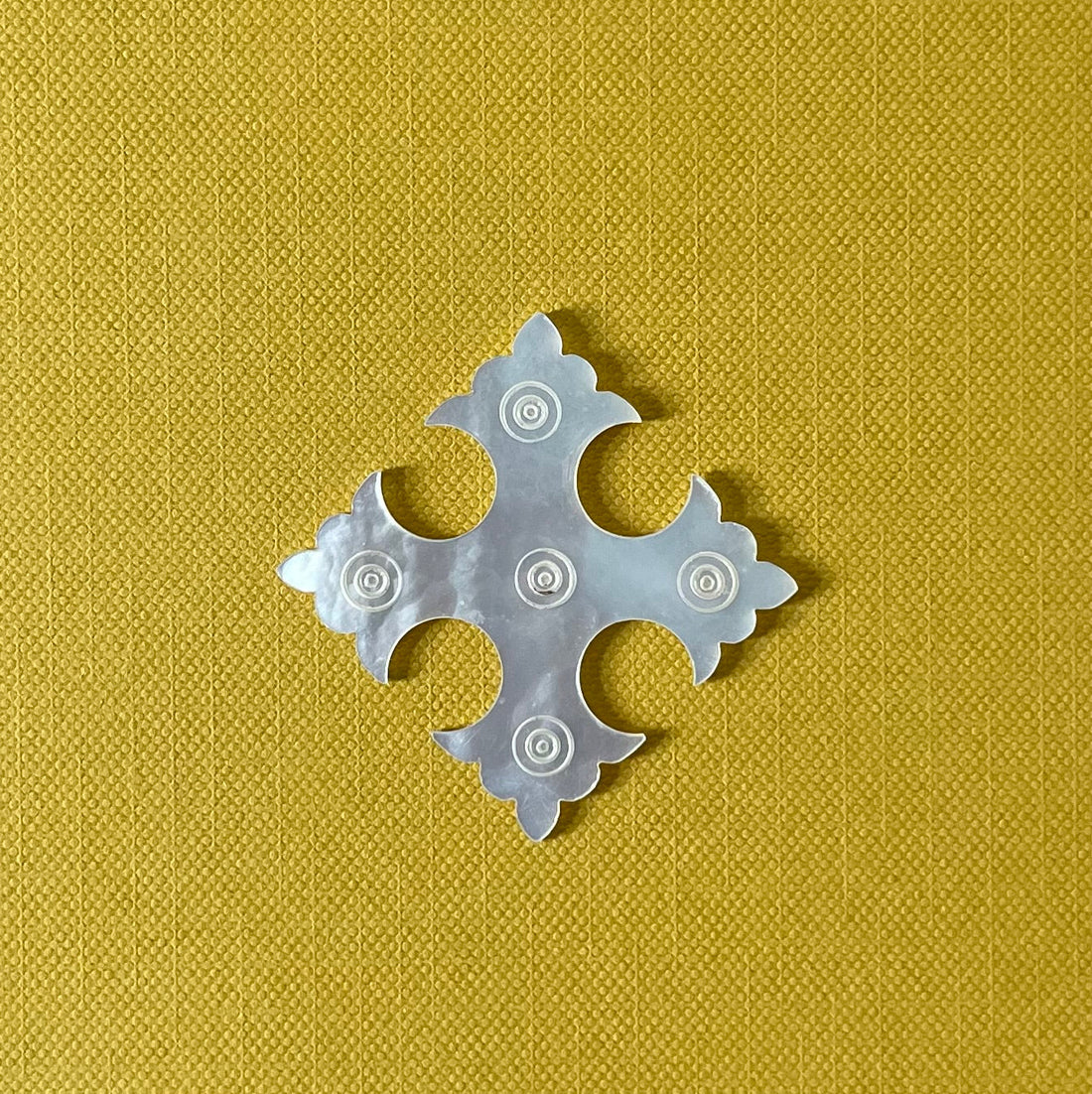 Antique Mother of Pearl Thread Winder – Gothic Cross with Circular Engraving c.1850