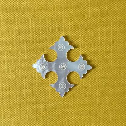 Antique Mother of Pearl Thread Winder – Gothic Cross with Circular Engraving c.1850