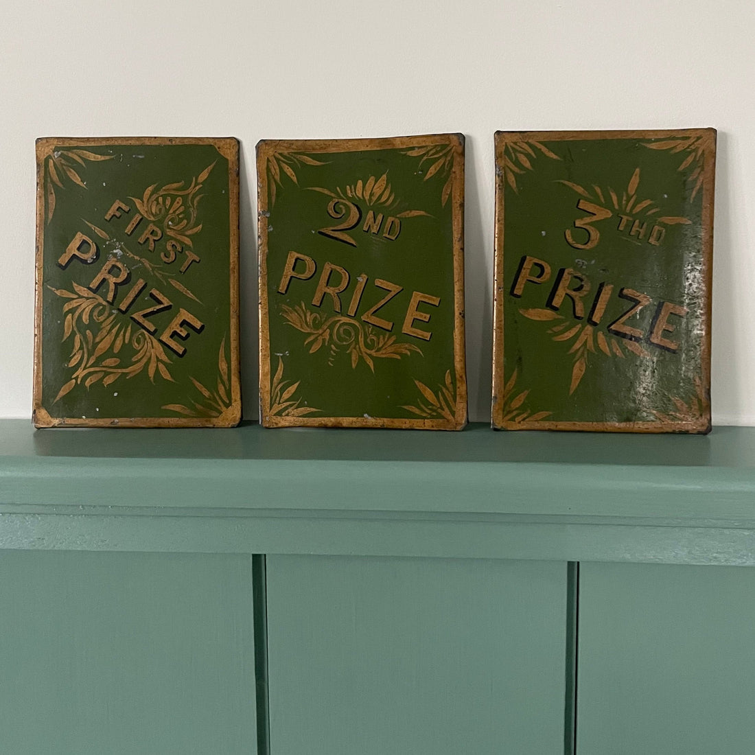 Antique Hand-Painted Tin Prize Plaques – 1st, 2nd &amp; 3rd Prize – Fairground / Agricultural Show Signs c.1900-1920s