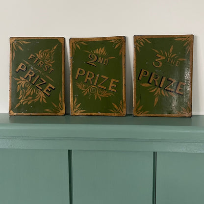 Antique Hand-Painted Tin Prize Plaques – 1st, 2nd &amp; 3rd Prize – Fairground / Agricultural Show Signs c.1900-1920s