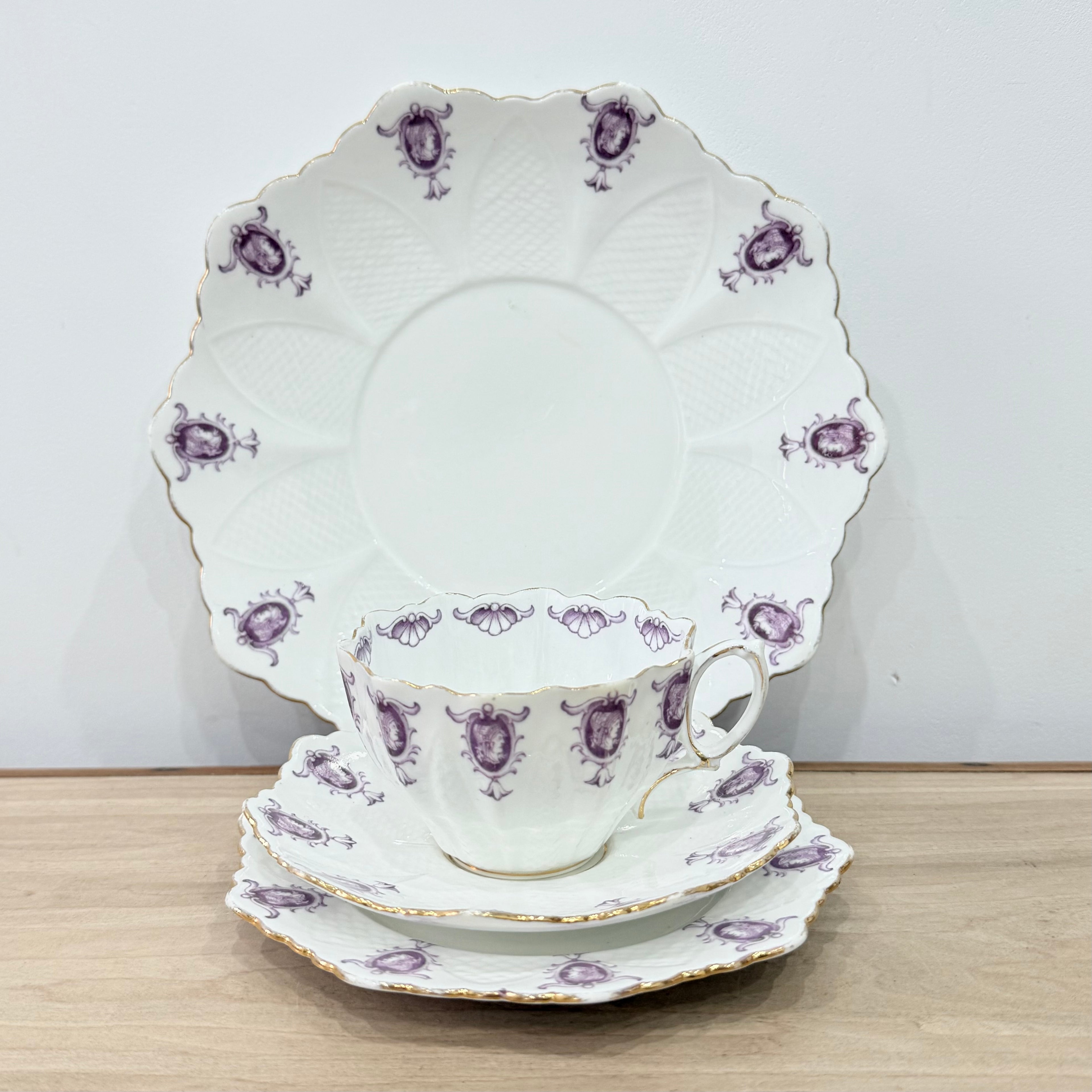 Pre-War Paragon China Purple Cameo Tea Set Cups Saucers Milk Sugar Plate