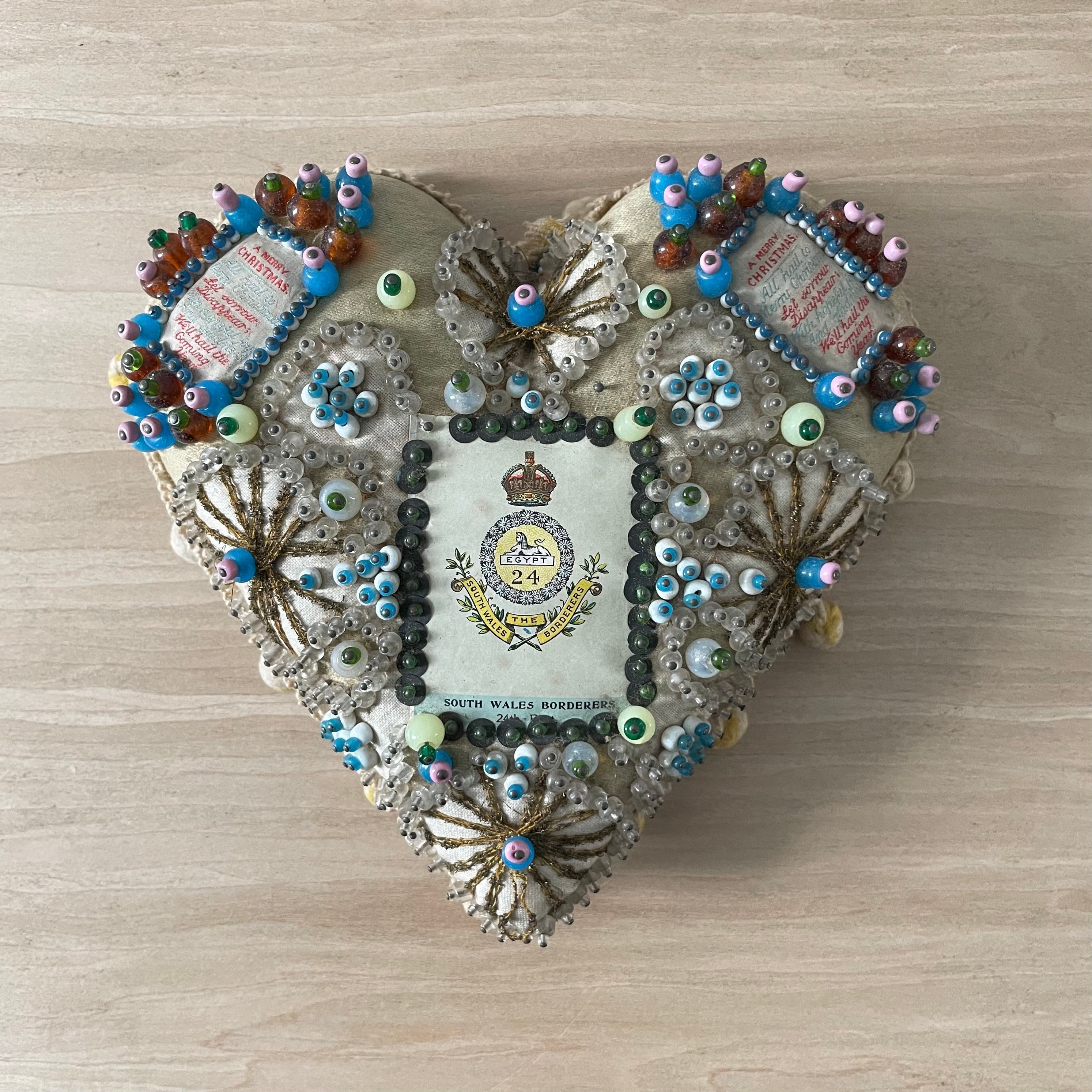 WWI South Wales Borderers Sweetheart Pincushion – Beaded Heart, Christmas 1914-1918