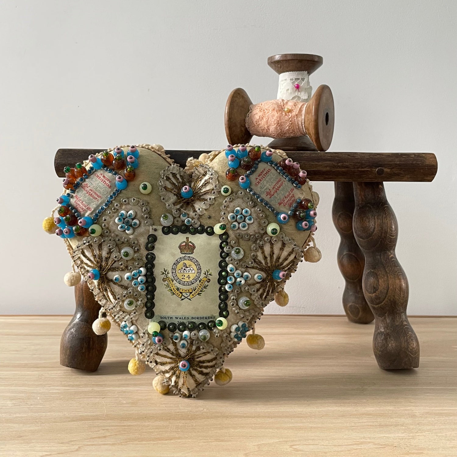WWI South Wales Borderers Sweetheart Pincushion – Beaded Heart, Christmas 1914-1918