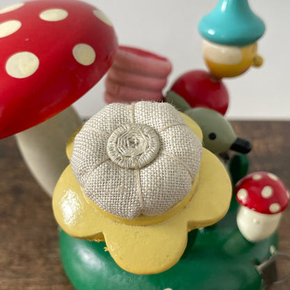 Vintage Wooden Gnome Sewing Caddy – Darning Mushroom, Tape &amp; Thimble – FOREIGN