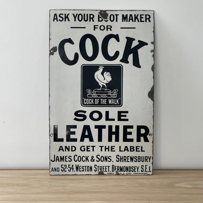 Rare Original Enamel Sign – ‘Cock of the Walk’ Leather – James Cock &amp; Sons Bootmaker Advertising