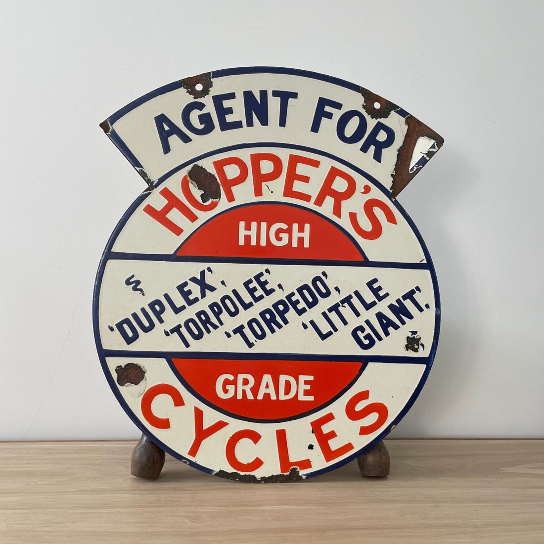 Genuine Original Enamel Hopper’s Cycles Advertising Sign  – Bicycle Agent Porcelain Sign c.1930s