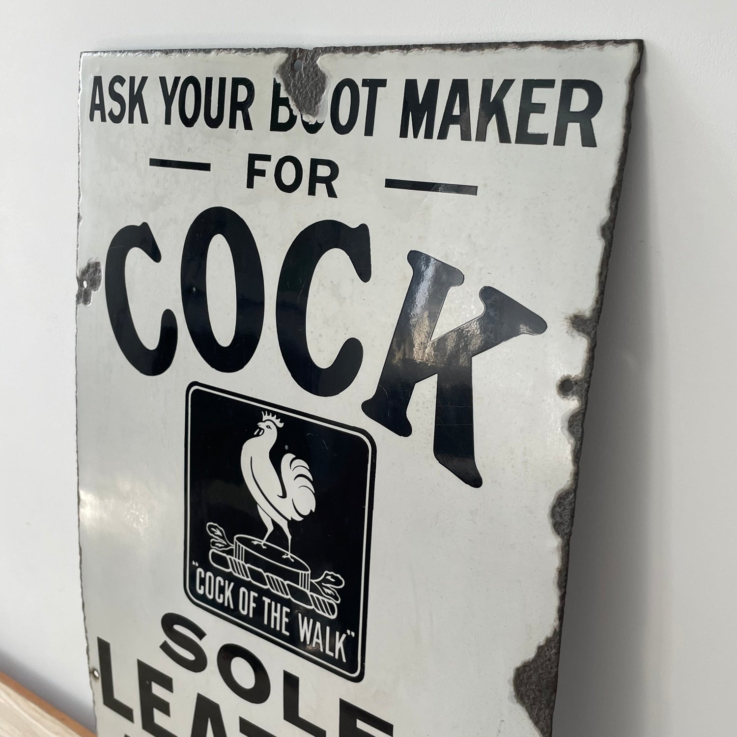 Rare Original Enamel Sign – ‘Cock of the Walk’ Leather – James Cock &amp; Sons Bootmaker Advertising