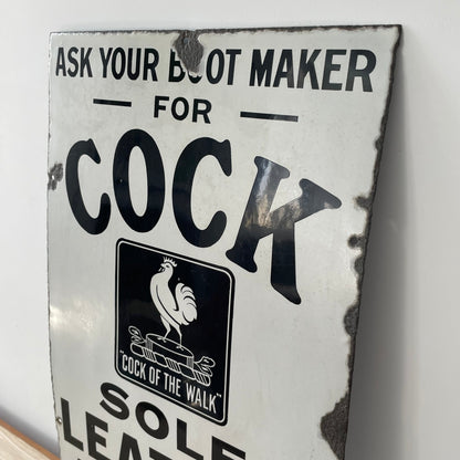 Rare Original Enamel Sign – ‘Cock of the Walk’ Leather – James Cock &amp; Sons Bootmaker Advertising