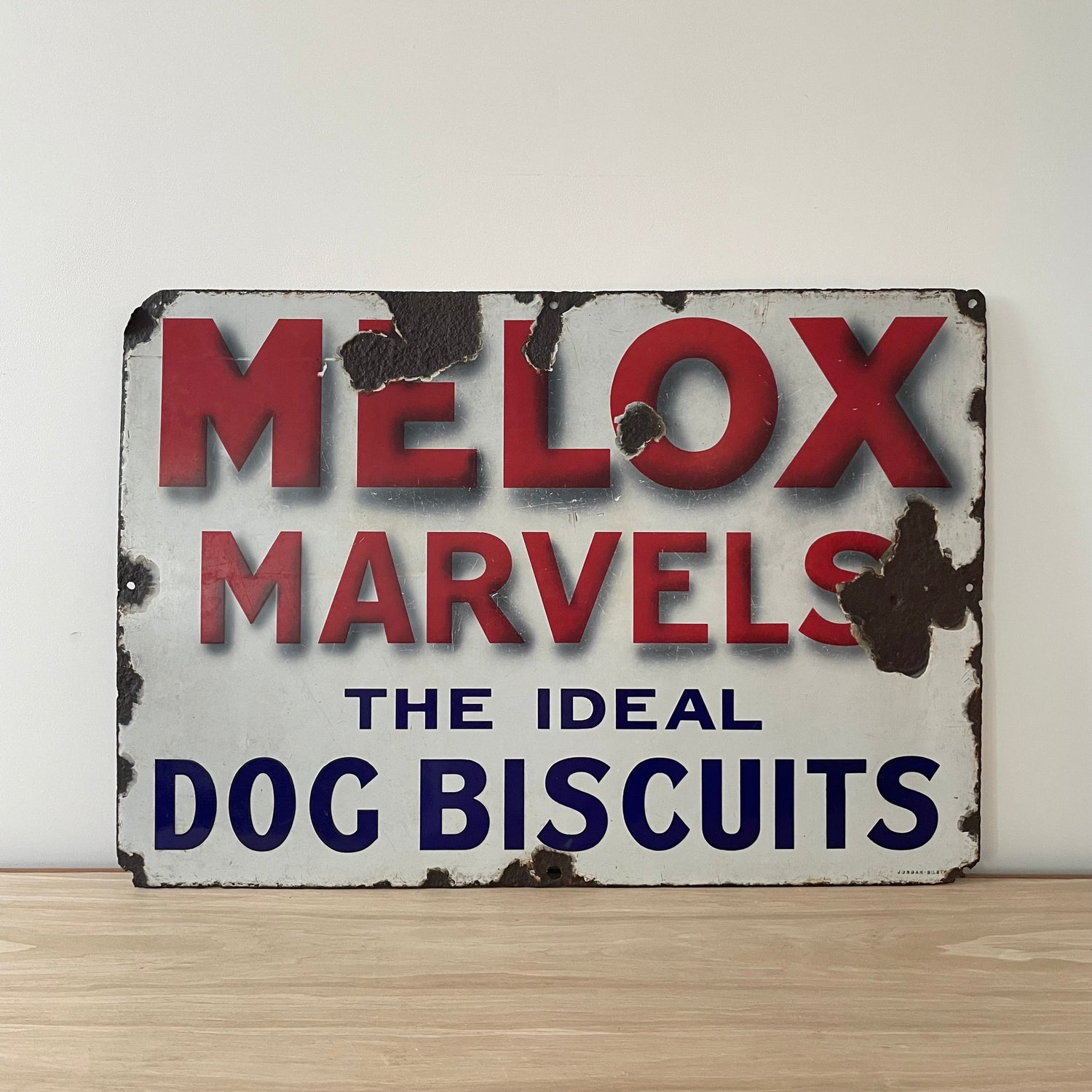 Original Melox Marvels Dog Biscuits Enamel Advertising Sign – Bold Red, White &amp; Blue – c.1930s