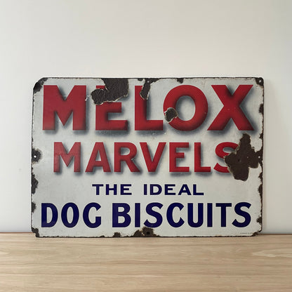 Original Melox Marvels Dog Biscuits Enamel Advertising Sign – Bold Red, White &amp; Blue – c.1930s