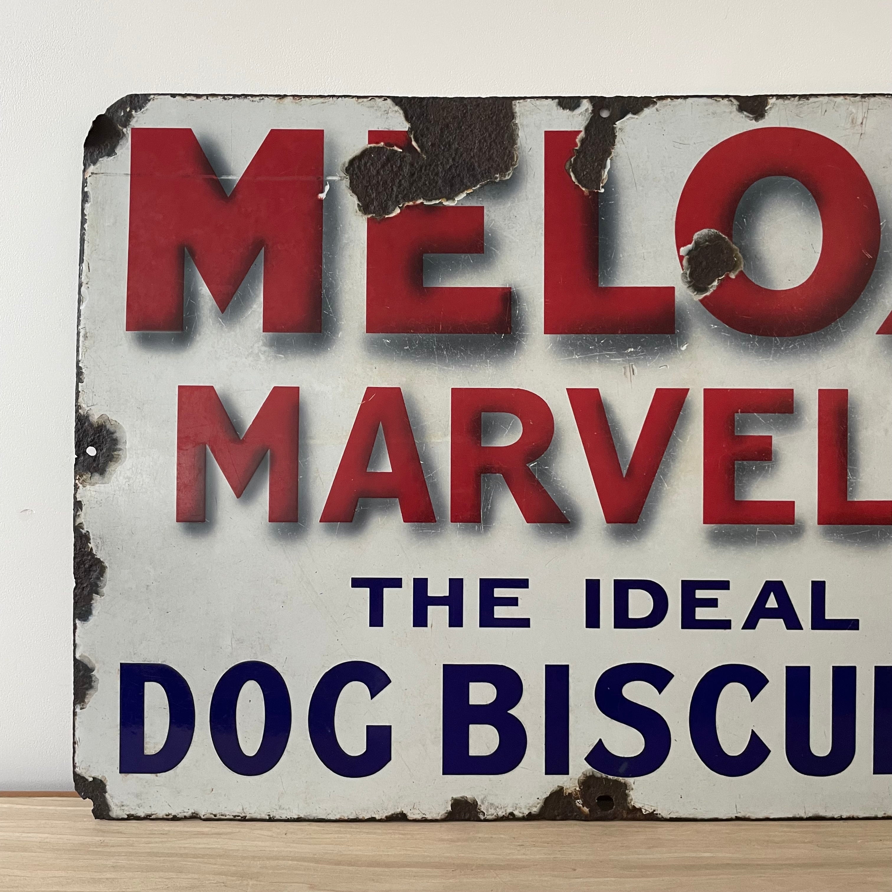 Original Melox Marvels Dog Biscuits Enamel Advertising Sign – Bold Red, White &amp; Blue – c.1930s
