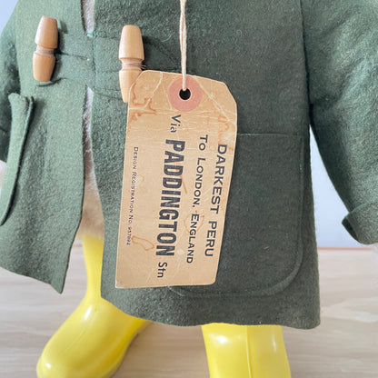 1972 Gabrielle Designs Paddington Bear – Green Duffle Coat, Orange Hat &amp; Yellow Boots – Original Label